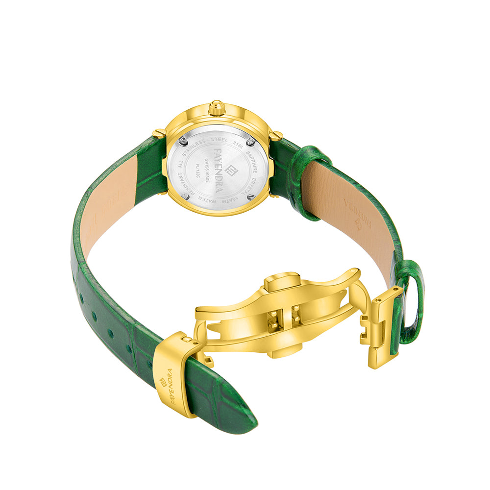 Stainless Steel 316L Watch Golden Color Green Leather And White Zircon - GREEN METAL DIAL