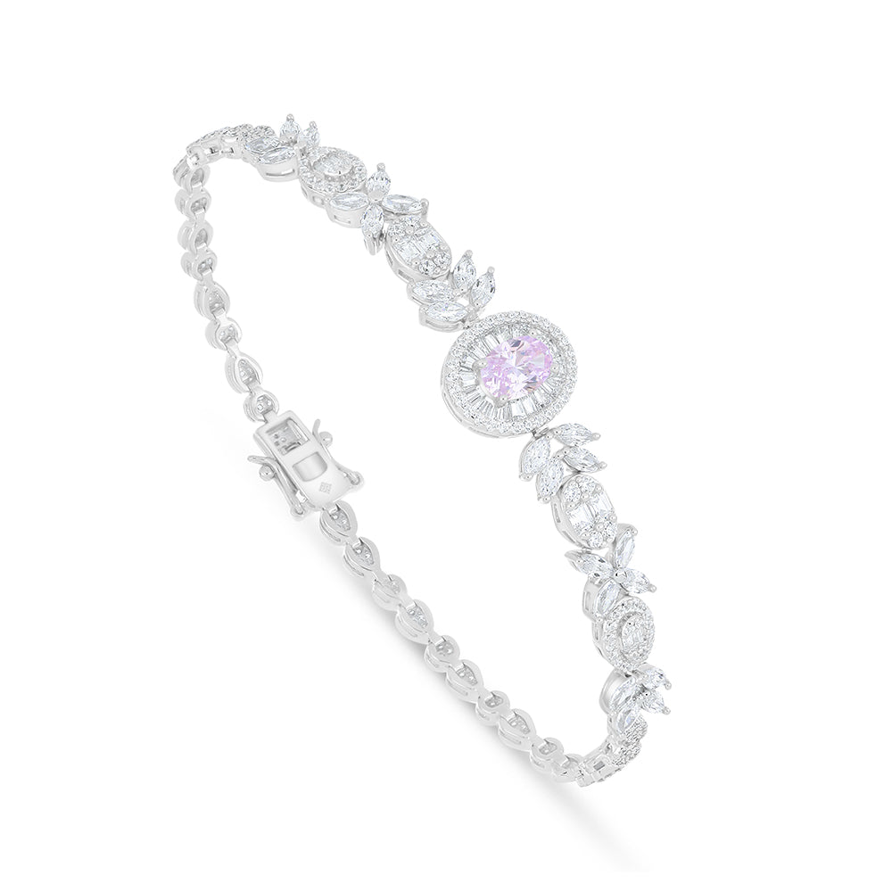 Sterling Silver 925 Set Rhodium Plated Embedded With Pink Zircon And White Zircon