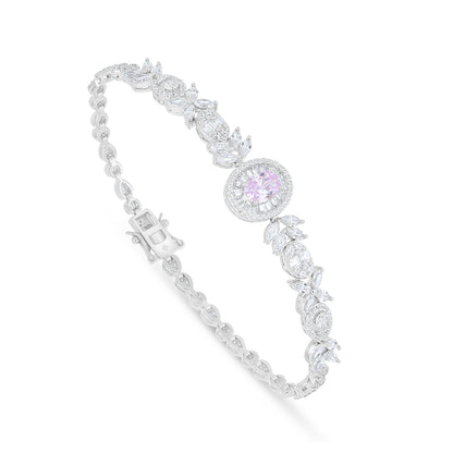 Sterling Silver 925 Set Rhodium Plated Embedded With Pink Zircon And White Zircon