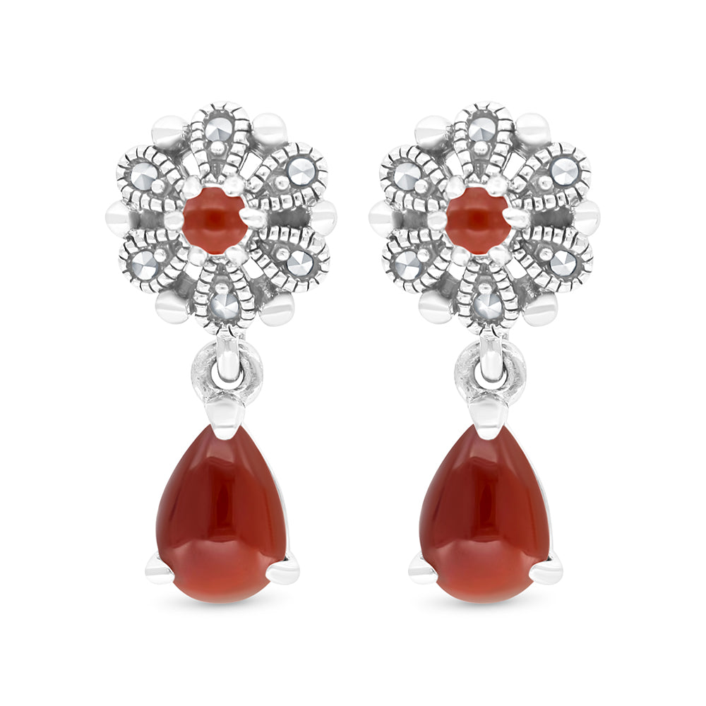 Sterling Silver 925 Set Embedded With Natural Aqiq And Marcasite Stones
