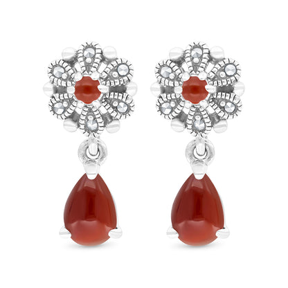 Sterling Silver 925 Set Embedded With Natural Aqiq And Marcasite Stones