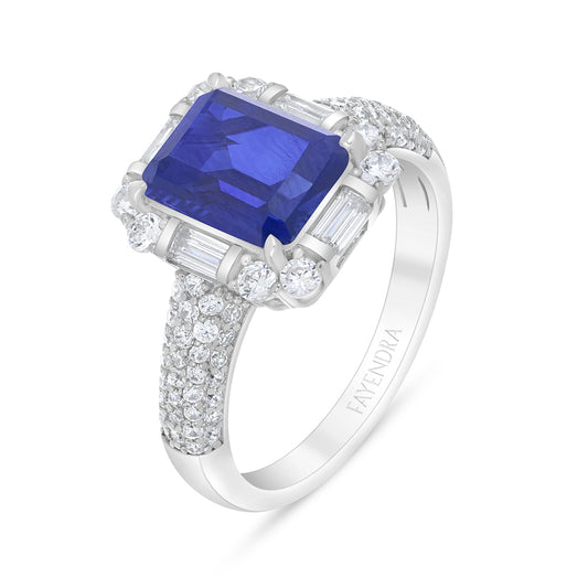Sterling Silver 925 Ring Rhodium Plated Embedded With Sapphire Corundum And White Zircon