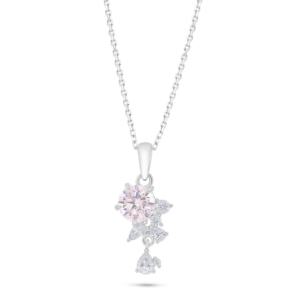 Sterling Silver 925 Necklace Rhodium Plated Embedded With pink Zircon And White Zircon