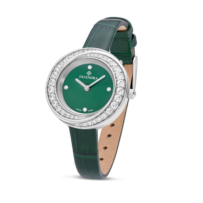 Stainless Steel 316 Watch Silver Color Green Leather Embedded With White Zircon - GREEN MOP DIAL