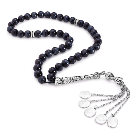 Blue Tiger Eye Rosary 45 Round Bead 8 MM Whit Stainless Steel 316L Set (Silver & Black Plated)