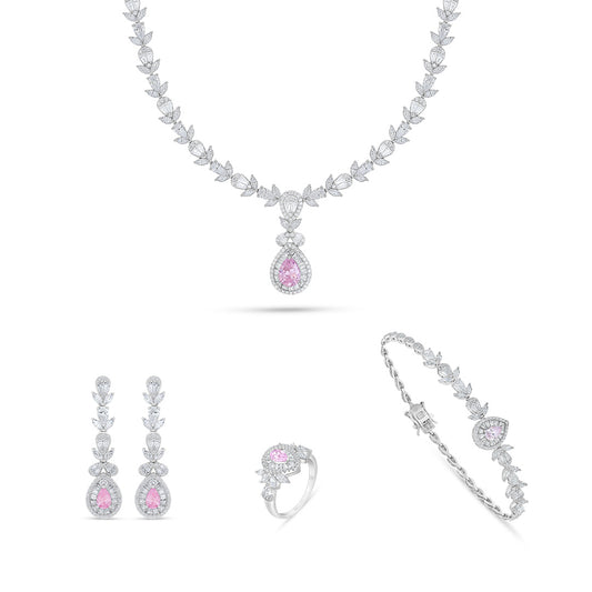 Sterling Silver 925 Set Rhodium Plated Embedded With Pink Zircon And White Zircon