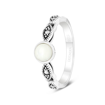 Sterling Silver 925 Ring Embedded With Natural White Shell And Marcasite Stones
