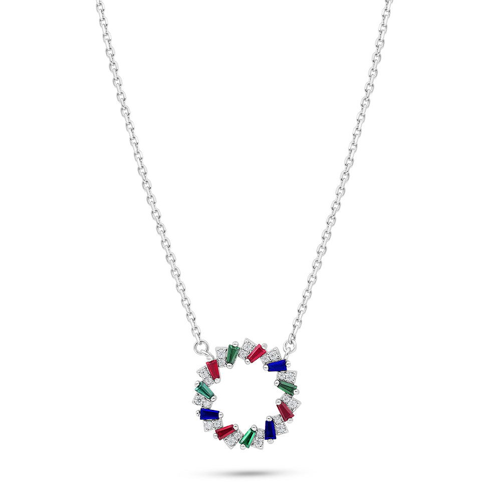 Sterling Silver 925 Necklace Rhodium Plated Embedded With Sapphire Corundum, Ruby Corundum, Emerald  Zircon And White Zircon