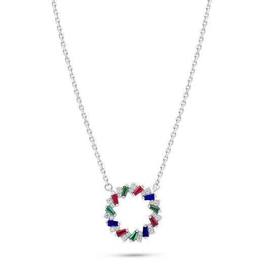 Sterling Silver 925 Necklace Rhodium Plated Embedded With Sapphire Corundum, Ruby Corundum, Emerald  Zircon And White Zircon