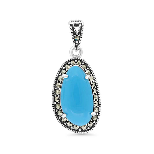 Sterling Silver 925 Pendant Embedded With Natural Processed Turquoise And Marcasite Stones