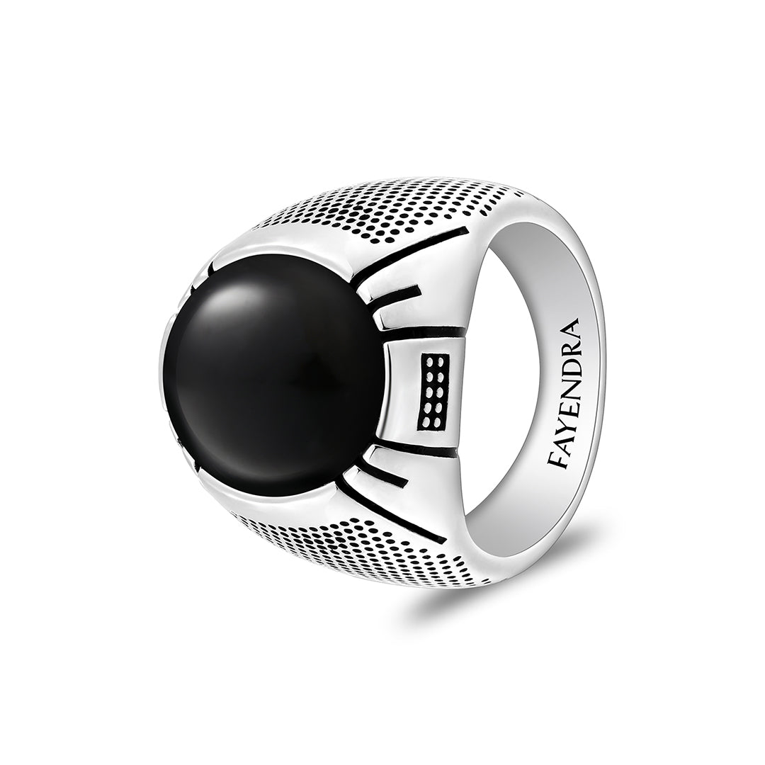Sterling Silver 925 Ring Rhodium And Black Plated Embedded With Cabochon Natural Black Agate For Men