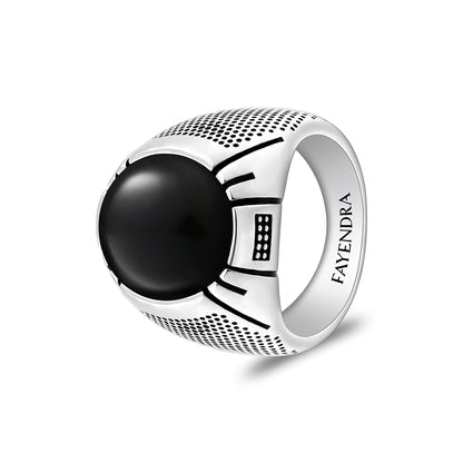 Sterling Silver 925 Ring Rhodium And Black Plated Embedded With Cabochon Natural Black Agate For Men