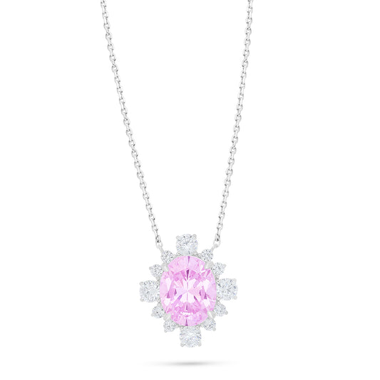 Sterling Silver 925 Necklace Rhodium Plated Embedded With Pink Zircon And White Zircon