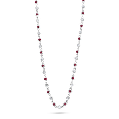 Sterling Silver 925 Necklace Rhodium Plated Embedded With Ruby Corundum And White Zircon
