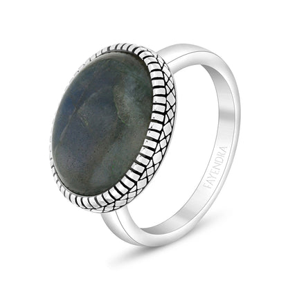 Sterling Silver 925 Ring Rhodium And Black Plated Embedded With Cabochon Labradorite For Men