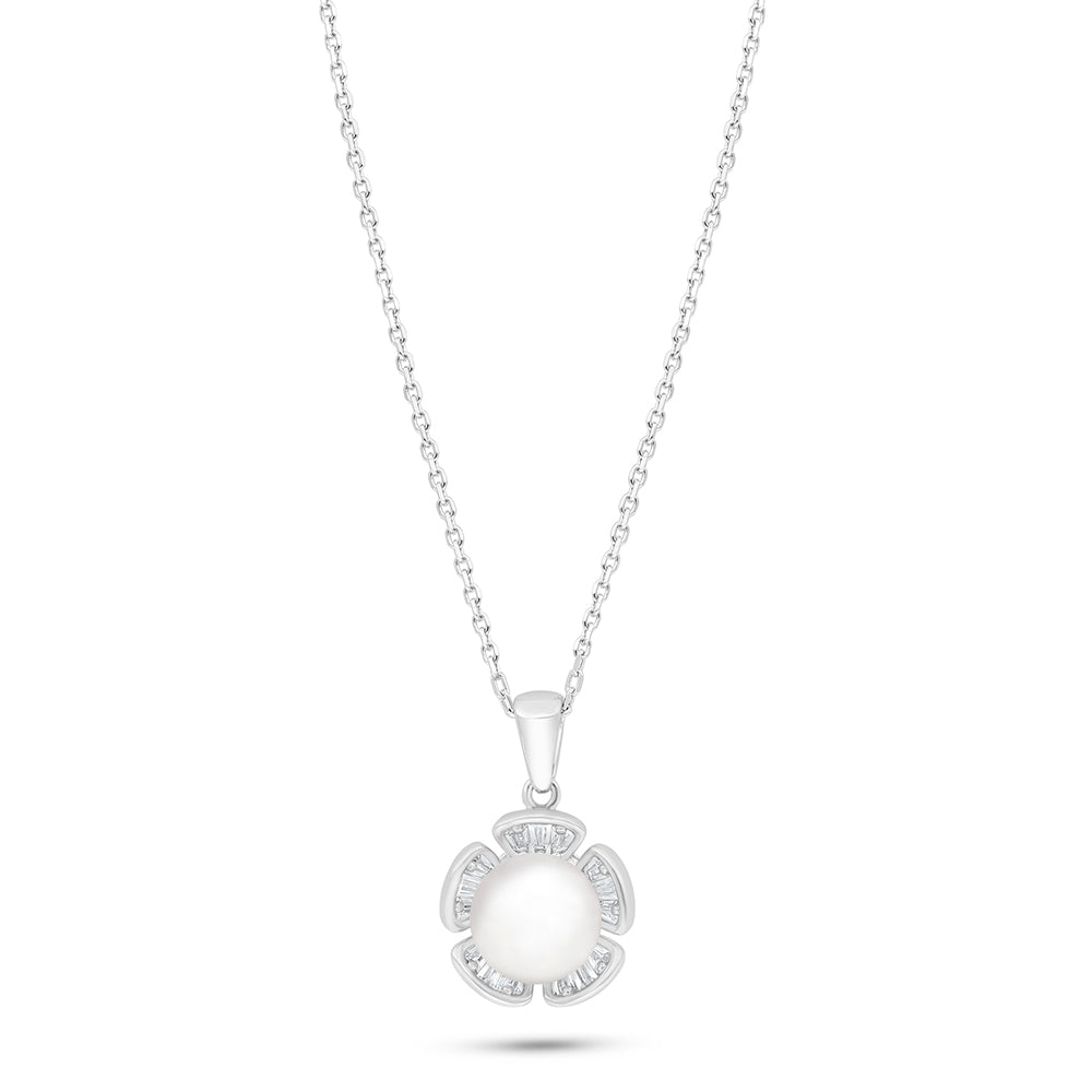 Sterling Silver 925 Necklace Rhodium Plated Embedded With Natural White Pearl And White Zircon
