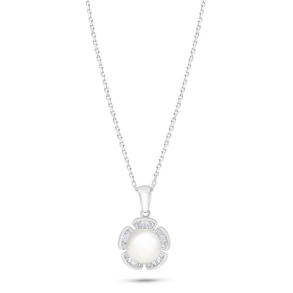 Sterling Silver 925 Necklace Rhodium Plated Embedded With Natural White Pearl And White Zircon