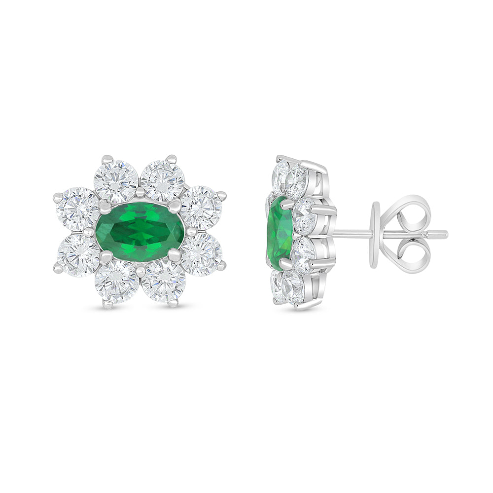 Sterling Silver 925 Earring Rhodium Plated Embedded With Emerald Zircon And White Zircon