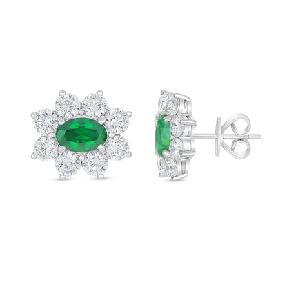 Sterling Silver 925 Earring Rhodium Plated Embedded With Emerald Zircon And White Zircon