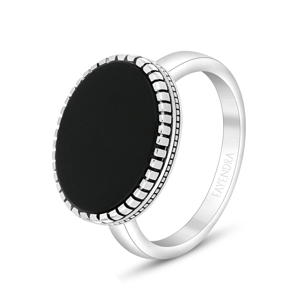 Sterling Silver 925 Ring Rhodium And Black Plated Embedded With Black Agate For Men