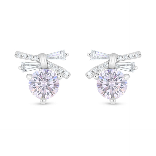 Sterling Silver 925 Earring Rhodium Plated Embedded With Pink Zircon And White Zircon