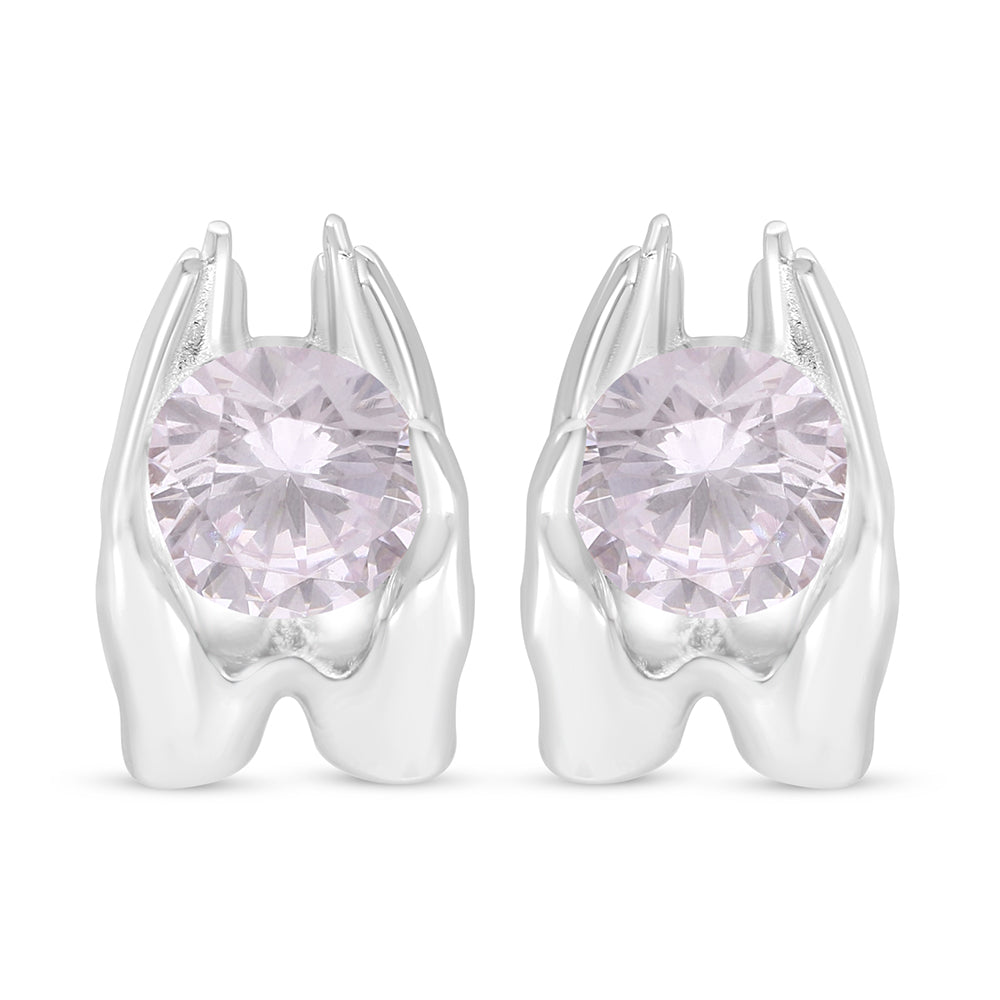 Sterling Silver 925 Earring Rhodium Plated Embedded With Pink Zircon