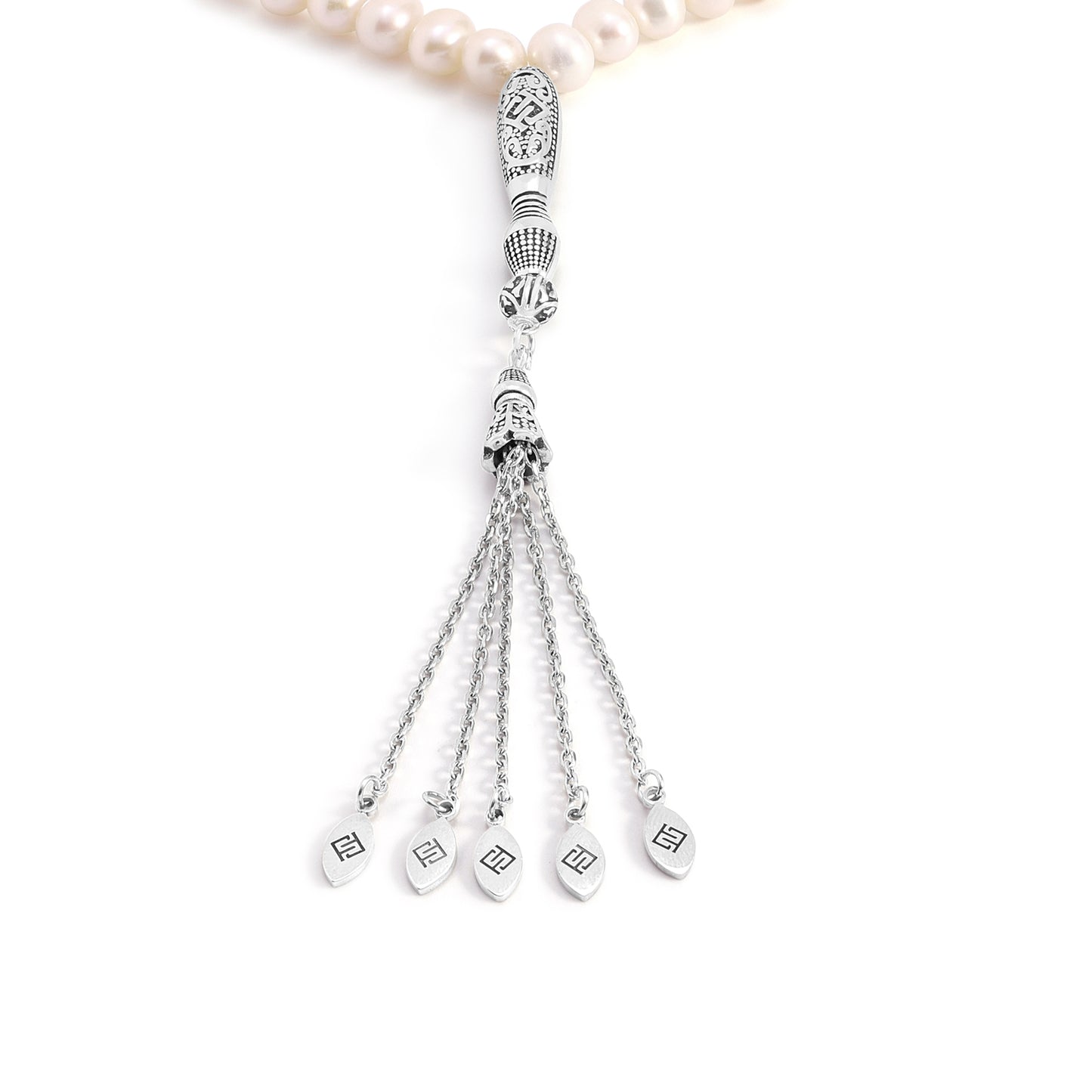 Rosary 45 Natural White Pearl Round Bead 8 mm With Stainless Steel 316L Set Silver And Black Plated