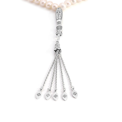 Rosary 45 Natural White Pearl Round Bead 8 mm With Stainless Steel 316L Set Silver And Black Plated