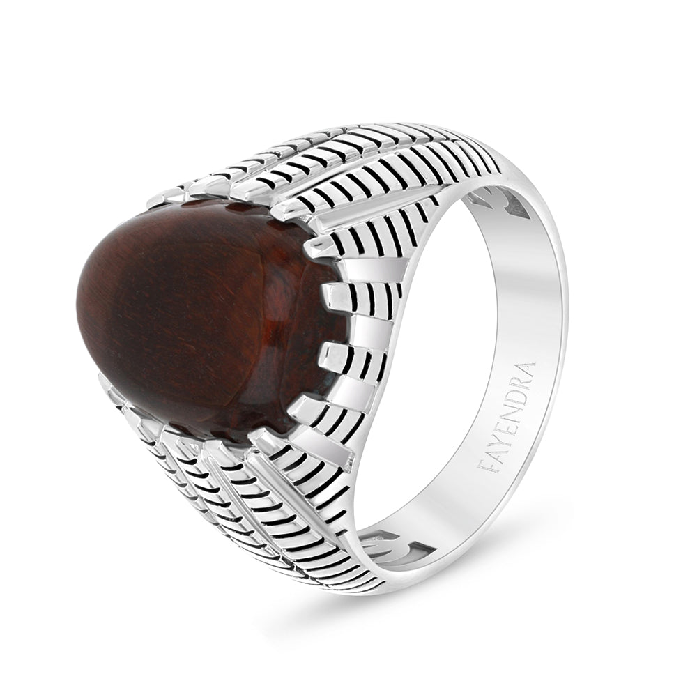 Sterling Silver 925 Ring Rhodium And Black Plated Embedded With Cabochon Red Tiger Eye For Men