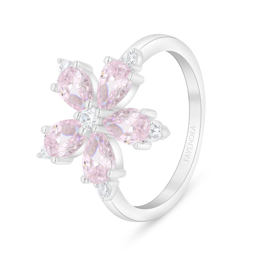 Sterling Silver 925 Ring Rhodium Plated Embedded With Pink Zircon And White Zircon