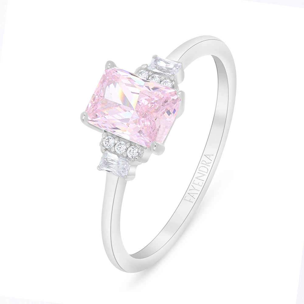 Sterling Silver 925 Ring Rhodium Plated Embedded With Pink Zircon And White Zircon