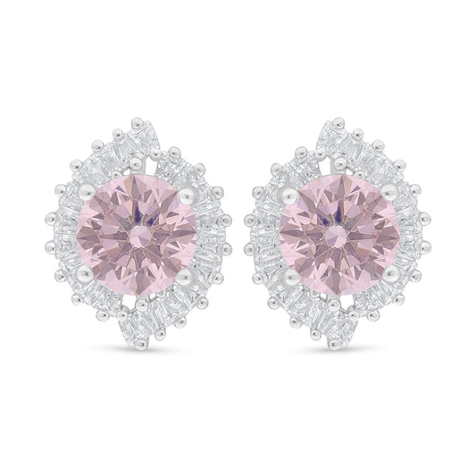 Sterling Silver 925 Earring Rhodium Plated Embedded With Pink Zircon And White Zircon