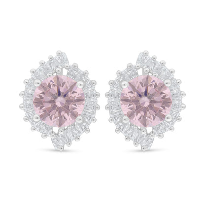 Sterling Silver 925 Earring Rhodium Plated Embedded With Pink Zircon And White Zircon