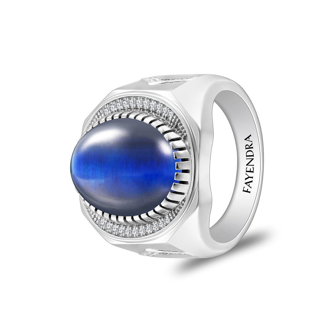 Sterling Silver 925 Ring Rhodium Plated Embedded With Cabochon Blue Tiger Eye And White Zircon For Men