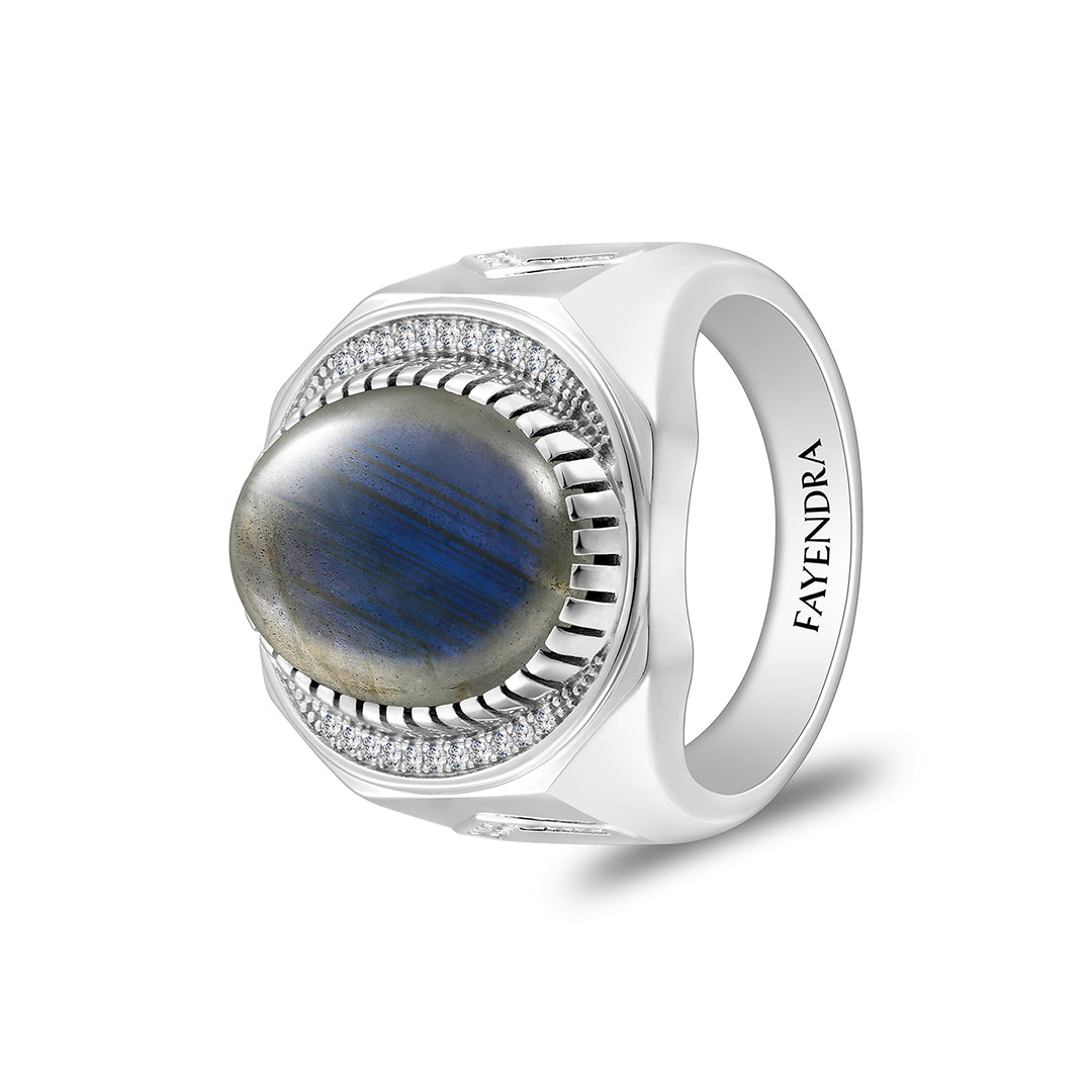 Sterling Silver 925 Ring Rhodium Plated Embedded With Cabochon Labradorite And White Zircon For Men
