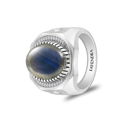 Sterling Silver 925 Ring Rhodium Plated Embedded With Cabochon Labradorite And White Zircon For Men