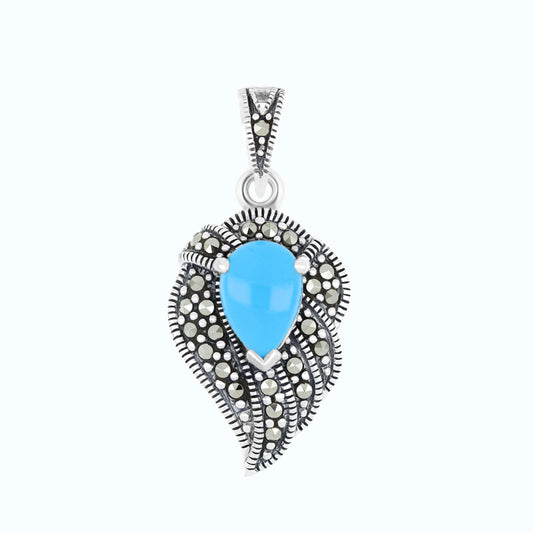 Sterling Silver 925 Pendant Embedded With Natural Processed Turquoise And Marcasite Stones