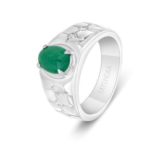 خاتم رجالي عيار 925 مطلي روديوم مرصع بحجر الزمرد الطبيعي و الالماس الطبيعي سي في دي جودة في في اس