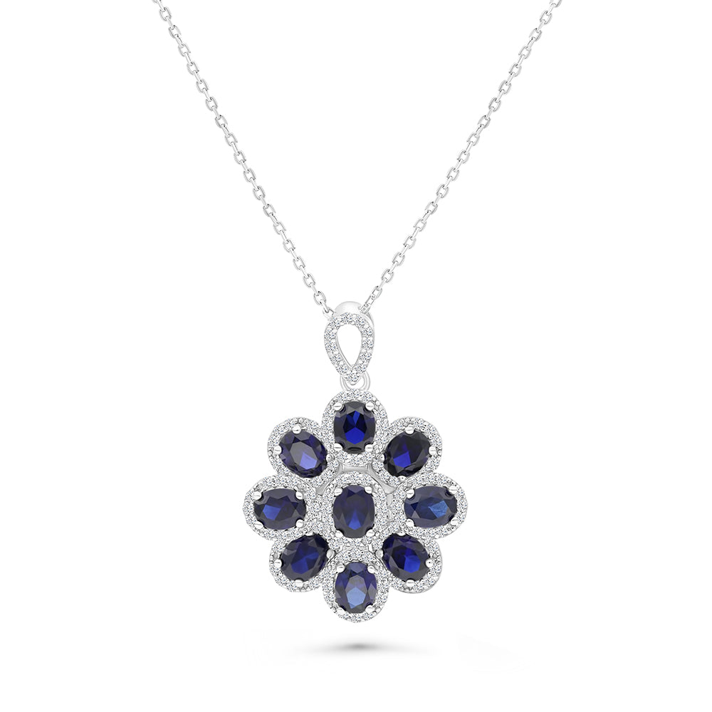 Sterling Silver 925 Necklace Rhodium Plated Embedded With Sapphire Corundum And White CZ