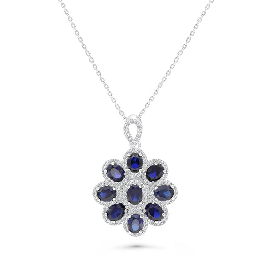 Sterling Silver 925 Necklace Rhodium Plated Embedded With Sapphire Corundum And White CZ