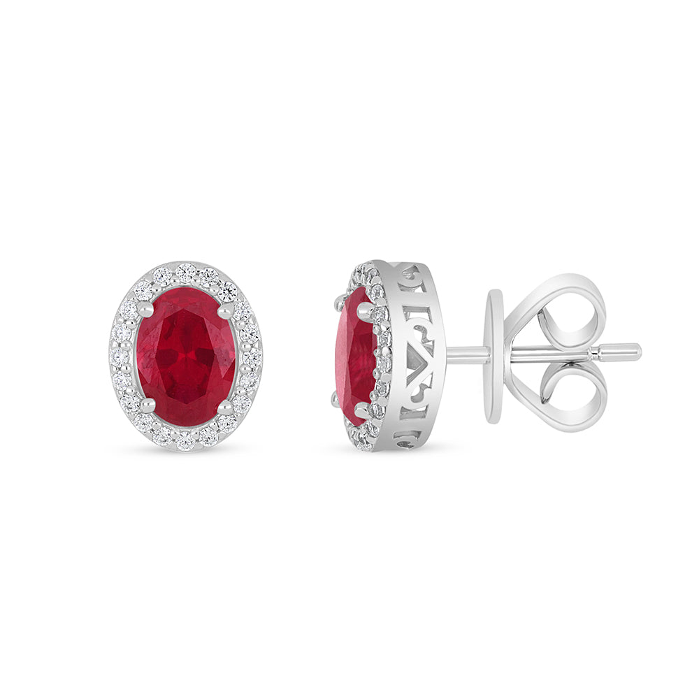 Sterling Silver 925 Earring Rhodium Plated Embedded With Ruby Corundum And White Zircon