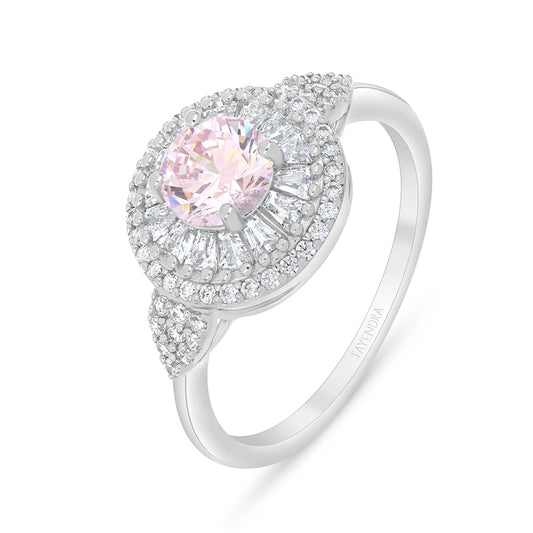 Sterling Silver 925 Ring Rhodium Plated Embedded With Pink Zircon And White Zircon