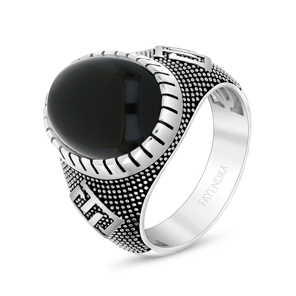 Sterling Silver 925 Ring Rhodium And Black Plated Embedded With Cabochon Black Agate For Men