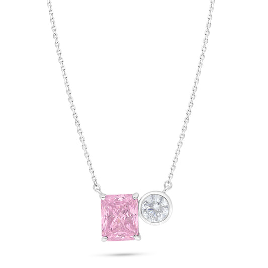 Sterling Silver 925 Necklace Rhodium Plated Embedded With Pink Zircon And White Zircon