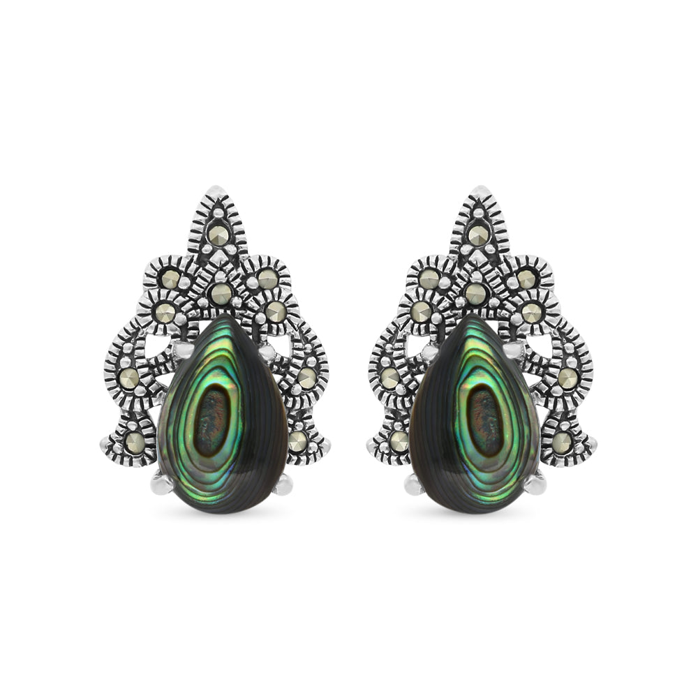 Sterling Silver 925 Earring Embedded With Natural Blue Shell And Marcasite Stones