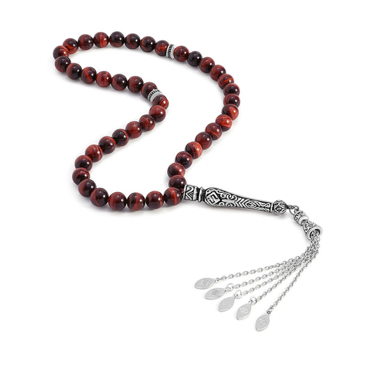 Red Tiger Eye Rosary 45 Bead 8 MM With Stainless Steel 316L Set (Silver & Black Plated)