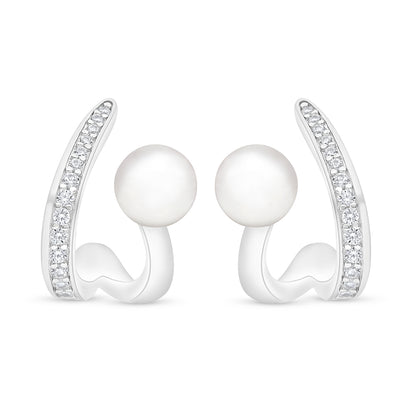 Sterling Silver 925 Earring Rhodium Plated Embedded With Natural White Pearl And White Zircon