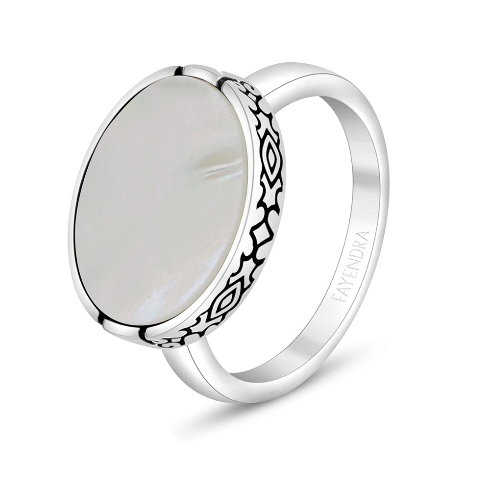 Sterling Silver 925 Ring Rhodium And Black Plated Embedded With White Shell For Men