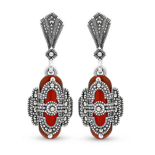Sterling Silver 925 Earring Embedded With Natural Aqiq And Marcasite Stones
