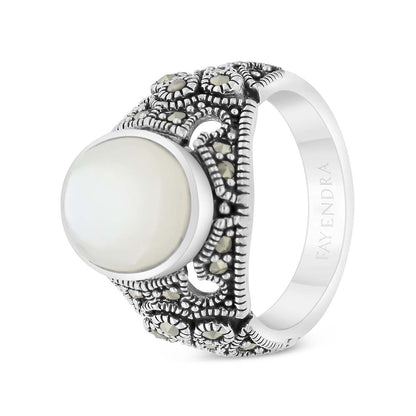 Sterling Silver 925 Ring Embedded With Natural White Shell And Marcasite Stones